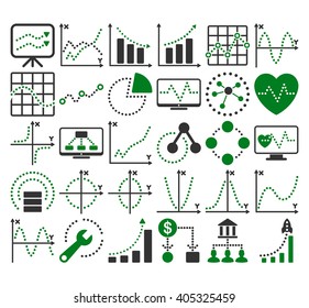 Business Charts With Circle Dots vector icons. Style is bicolor green and gray flat symbols on a white background.