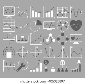 Business Charts With Circle Dots vector icons. Style is bicolor dark gray and white flat symbols on a silver background.