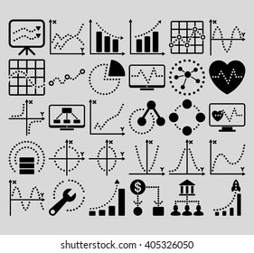 Business Charts With Circle Dots vector icons. Style is black flat symbols on a light gray background.