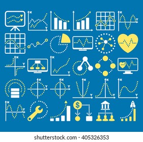 Business Charts With Circle Dots vector icons. Style is bicolor yellow and white flat symbols on a blue background.