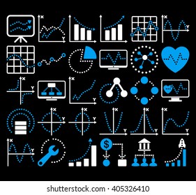 Business Charts With Circle Dots vector icons. Style is bicolor blue and white flat symbols on a black background.