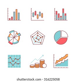 Business charts and data icons thin line set. Flat style color vector symbols isolated on white.
