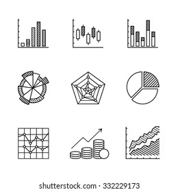 Business charts and data icons thin line art set. Black vector symbols isolated on white.