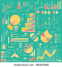 Business charts, graphs, stats doodles set. Hand drawn vector illustration