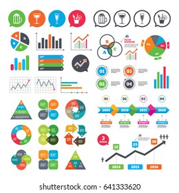 Business charts. Growth graph. Alcoholic drinks icons. Champagne sparkling wine with bubbles and beer symbols. Wine glass and cocktail signs. Market report presentation. Vector