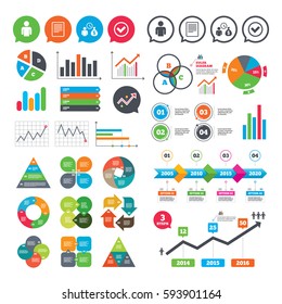 Business charts. Growth graph. Bank loans icons. Cash money bag symbol. Apply for credit sign. Check or Tick mark. Market report presentation. Vector