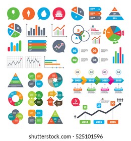 Business charts. Growth graph. Birthday party icons. Cake with ice cream signs. Air balloon with rope symbol. Market report presentation. Vector