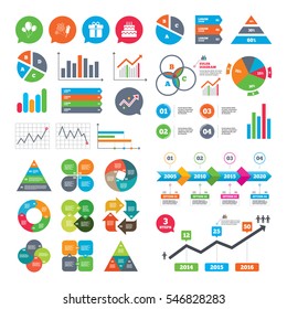 Business charts. Growth graph. Birthday party icons. Cake and gift box signs. Air balloons and fireworks symbol. Market report presentation. Vector
