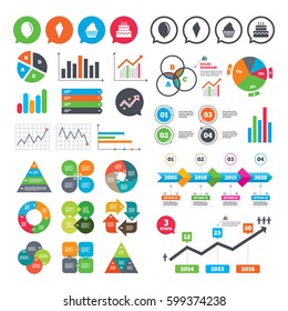 Business charts. Growth graph. Birthday party icons. Cake with ice cream signs. Air balloon symbol. Market report presentation. Vector