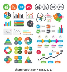 Business charts. Growth graph. Bowling and Casino icons. Video game joystick and playing card with dice symbols. Entertainment signs. Market report presentation. Vector