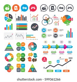 Business charts. Growth graph. Bowling and Casino icons. Video game joystick and playing card with dice symbols. Entertainment signs. Market report presentation. Vector