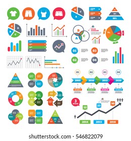 Business charts. Growth graph. Clothes icons. T-shirt and pants with shorts signs. Swimming trunks symbol. Market report presentation. Vector