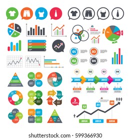 Business charts. Growth graph. Clothes icons. T-shirt and bermuda shorts signs. Business tie symbol. Market report presentation. Vector