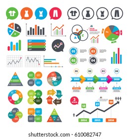 Business charts. Growth graph. Clothes icons. T-shirt with business tie and pants signs. Women dress symbol. Market report presentation. Vector
