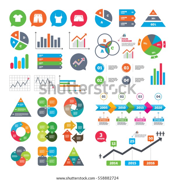 Business charts. Growth graph. Clothes icons.\
T-shirt and bermuda shorts signs. Swimming trunks symbol. Market\
report presentation.\
Vector