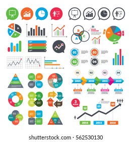 Business charts. Growth graph. Diagram graph Pie chart icon. Presentation billboard symbol. Man standing with pointer sign. Market report presentation. Vector
