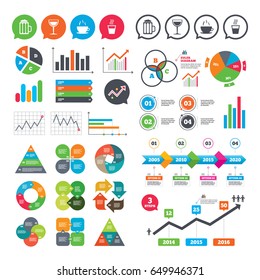 Business charts. Growth graph. Drinks icons. Coffee cup and glass of beer symbols. Wine glass sign. Market report presentation. Vector