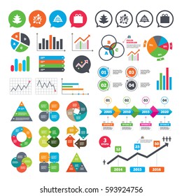 Business charts. Growth graph. Happy new year icon. Christmas trees and gift box signs. World globe symbol. Market report presentation. Vector