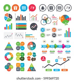 Business charts. Growth graph. Happy new year icon. Christmas tree and gift box signs. Fireworks rocket symbol. Market report presentation. Vector