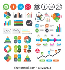 Business charts. Growth graph. Hipster photo camera. Mustache with beard icon. Glasses and tie symbols. Bicycle sign. Market report presentation. Vector