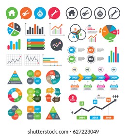 Business charts. Growth graph. Home key icon. Wrench service tool symbol. Locker sign. Main page web navigation. Market report presentation. Vector