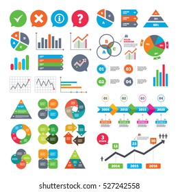 Business charts. Growth graph. Information icons. Delete and question FAQ mark signs. Approved check mark symbol. Market report presentation. Vector