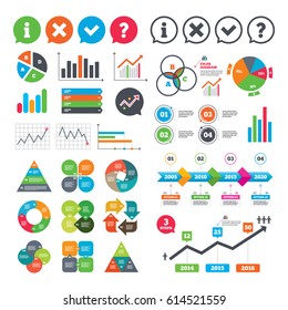Business charts. Growth graph. Information icons. Delete and question FAQ mark signs. Approved check mark symbol. Market report presentation. Vector