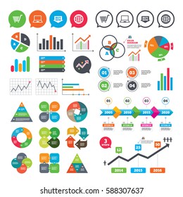 Business charts. Growth graph. Online shopping icons. Notebook pc, shopping cart, buy now arrow and internet signs. WWW globe symbol. Market report presentation. Vector