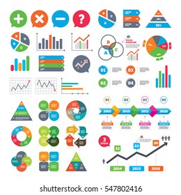 Business charts. Growth graph. Plus and minus icons. Delete and question FAQ mark signs. Enlarge zoom symbol. Market report presentation. Vector