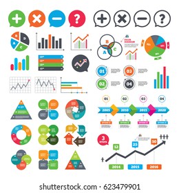 Business charts. Growth graph. Plus and minus icons. Delete and question FAQ mark signs. Enlarge zoom symbol. Market report presentation. Vector