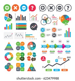 Business charts. Growth graph. Plus and minus icons. Delete and question FAQ mark signs. Enlarge zoom symbol. Market report presentation. Vector