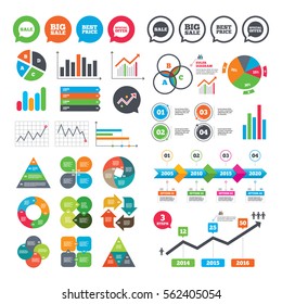 Business charts. Growth graph. Sale icons. Special offer speech bubbles symbols. Big sale and best price shopping signs. Market report presentation. Vector