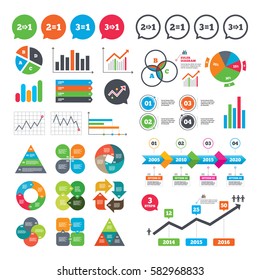 Business charts. Growth graph. Special offer icons. Take two pay for one sign symbols. Profit at saving. Market report presentation. Vector