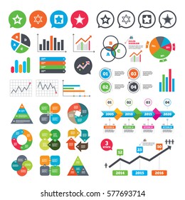 Business charts. Growth graph. Star of David icons. Sheriff police sign. Symbol of Israel. Market report presentation. Vector