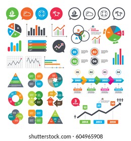 Business charts. Growth graph. Travel icons. Sail boat with lifebuoy symbols. Cloud with sun weather sign. Palm tree. Market report presentation. Vector