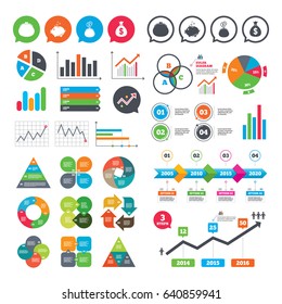 Business charts. Growth graph. Wallet with cash coin and piggy bank moneybox symbols. Dollar USD currency sign. Market report presentation. Vector