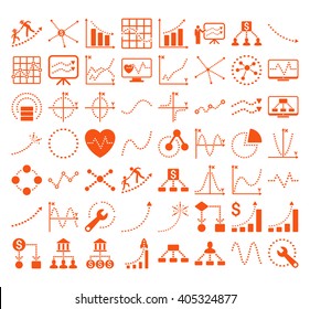 Business Charts With Rectangle Dots vector icons. Style is orange flat symbols on a white background.