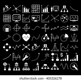 Business Charts With Rectangle Dots vector icons. Style is white flat symbols on a black background.