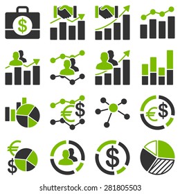 Business charts and reports icons. These flat bicolor symbols eco green and gray colors. Images are isolated on a white background.