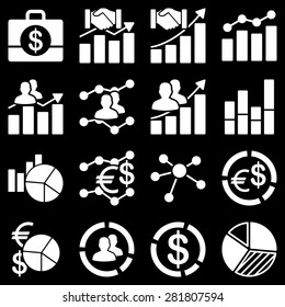 Business charts and reports icons. These flat symbols white color. Images are isolated on a black background.