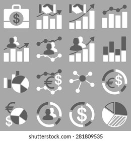 Business charts and reports icons. These flat bicolor symbols dark gray and white colors. Images are isolated on a gray background.