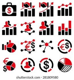 Business charts and reports icons. These flat bicolor symbols intensive red and black colors. Images are isolated on a white background.