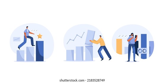 Business charts and research database. 
Business growth.  financial company profit prediction tiny person concept. Business. People character group set and bar chart background.