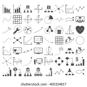 Business Charts With Rhombus Dots vector icons. Style is gray flat symbols on a white background. 56 icons in the set.