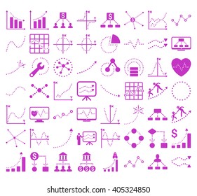 Business Charts With Rhombus Dots vector icons. Style is violet flat symbols on a white background. 56 icons in the set.