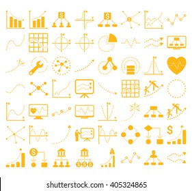 Business Charts With Rhombus Dots vector icons. Style is yellow flat symbols on a white background. 56 icons in the set.