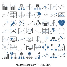 Business Charts With Rhombus Dots vector icons. Style is bicolor cobalt and gray flat symbols on a white background. 56 icons in the set.