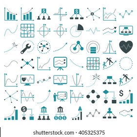 Business Charts With Rhombus Dots vector icons. Style is bicolor soft blue flat symbols on a white background. 56 icons in the set.