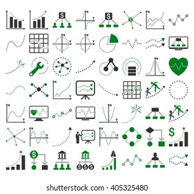 Business Charts With Rhombus Dots vector icons. Style is bicolor green and gray flat symbols on a white background. 56 icons in the set.