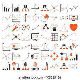 Business Charts With Rhombus Dots vector icons. Style is bicolor orange and gray flat symbols on a white background. 56 icons in the set.